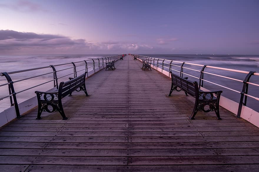 Saltburn Pier, pier, yorkshire, saltburn, kust, zeegezicht, structuur, Engeland, bank, zonsopkomst, golven