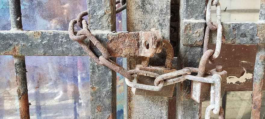 barras, puerta, cadenas, corrosión, metal, moho