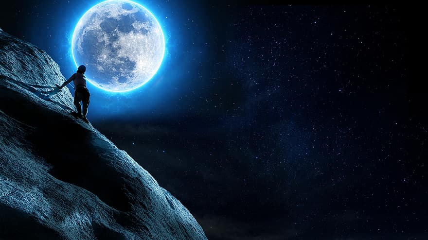 місяць, скелі, гірський, жінка, людина, скелелазіння, зірок, небо, піші прогулянки, мотивація, ніч