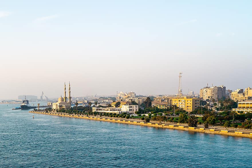canal, mar, costa, apuntalar, Suez, paisaje urbano, lugar famoso, arquitectura, agua, viaje, horizonte urbano