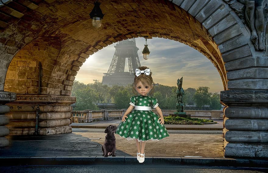 fantázia, lány, kutya, gyermek, házi kedvenc, Eiffel-torony, Franciaország, torony, boltív, kölyök, nők
