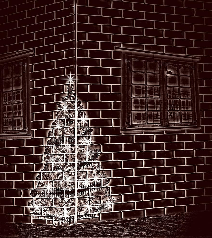 fasada, drzewo, Boże Narodzenie, obraz, motyw świąteczny, cegła, Ściana, kamień