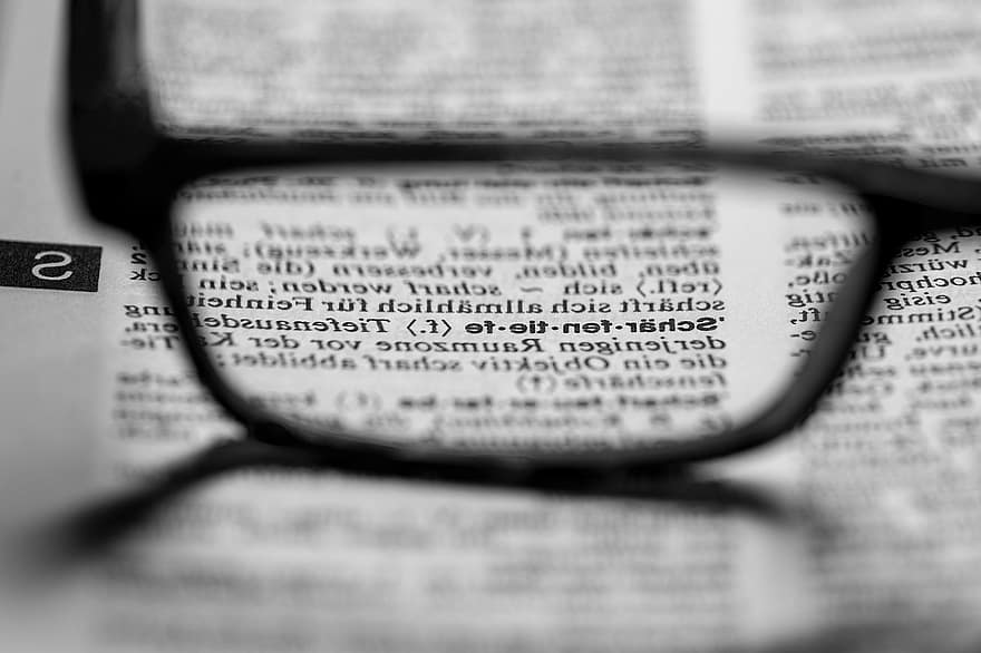 briller, ordbok, ord, bok, side, papir, lese, forstørrelse, makro, nærbilde