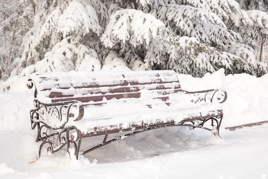 скамейка, зима, снег, время года, на открытом воздухе, природа, лес, дерево, мороз, Погода, пейзаж