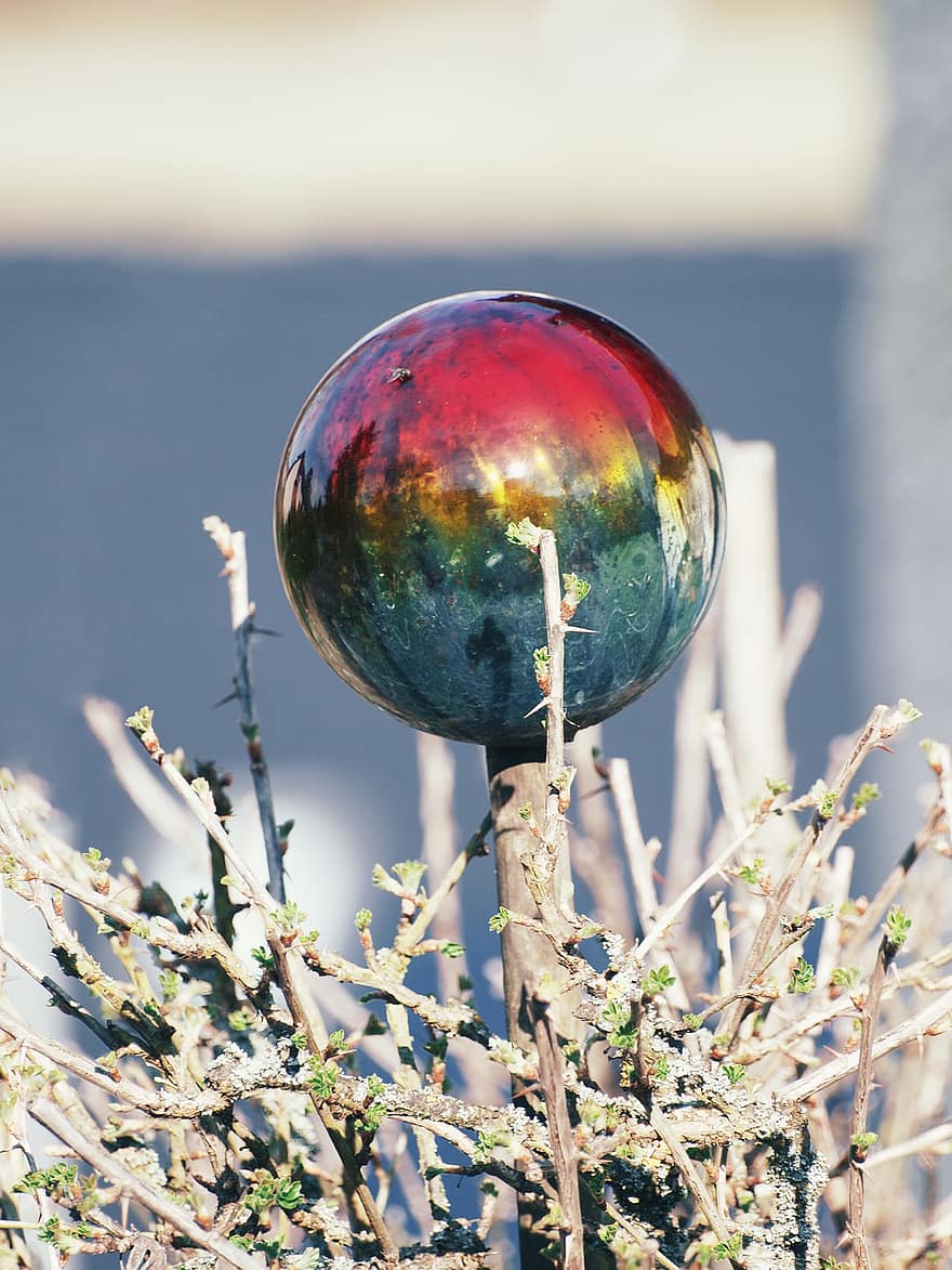 ガーデン安物の宝石、ガラス球、小枝、赤いガラス玉