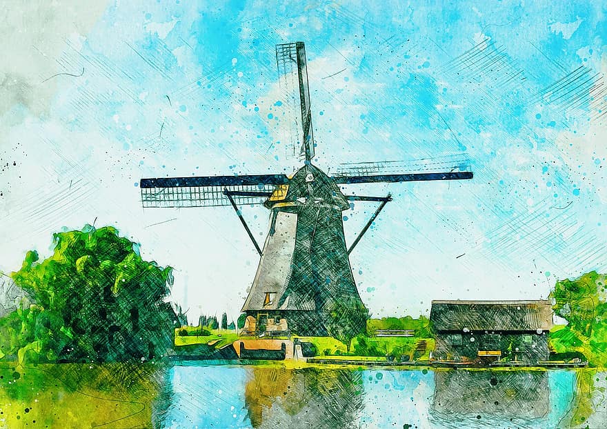 ветряная мельница, мельница, Голландия, Исторический пейзаж, канал, музей, плакат, картина, Рисование, гидроэлектроэнергия