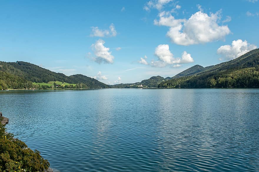vanduo, ežeras, pobūdį, kalnai, kalnų, peizažas, kaime, Fuschl ežeras, salzkammergut