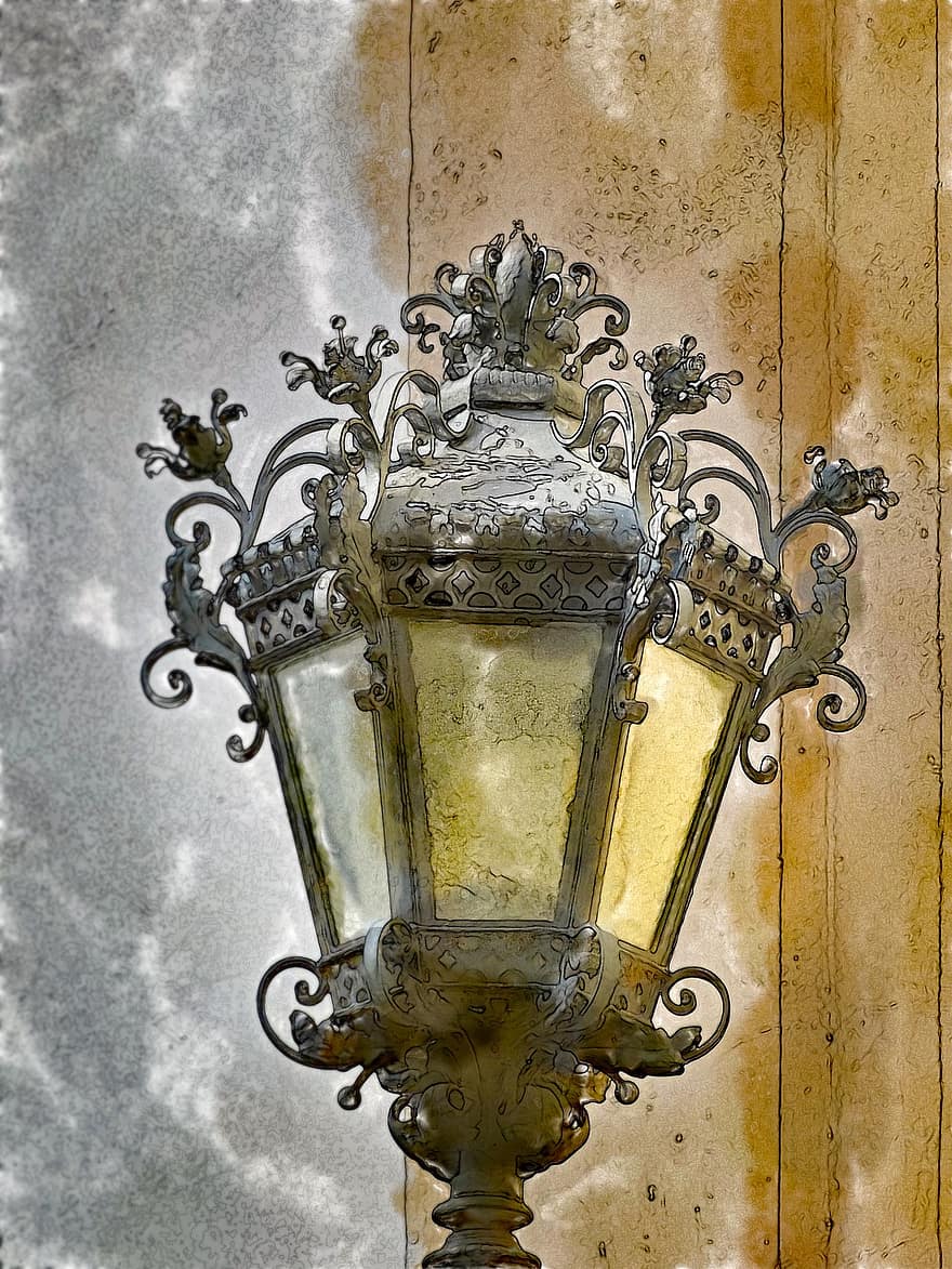 lucerna, zdroj světla, osvětlovací tělesa, svítilna, pouliční lampa, světlo, historicky, starý, dekorativní, tepané železo, kov