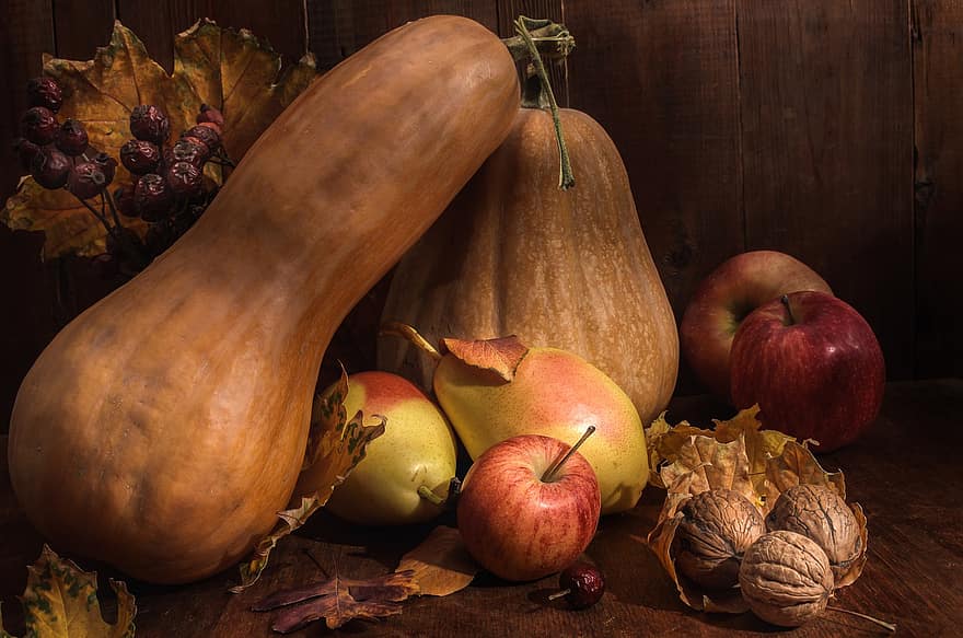 秋、栄養、収穫、季節の、梨、林檎、かぼちゃ、フルーツ、フード、野菜、健康