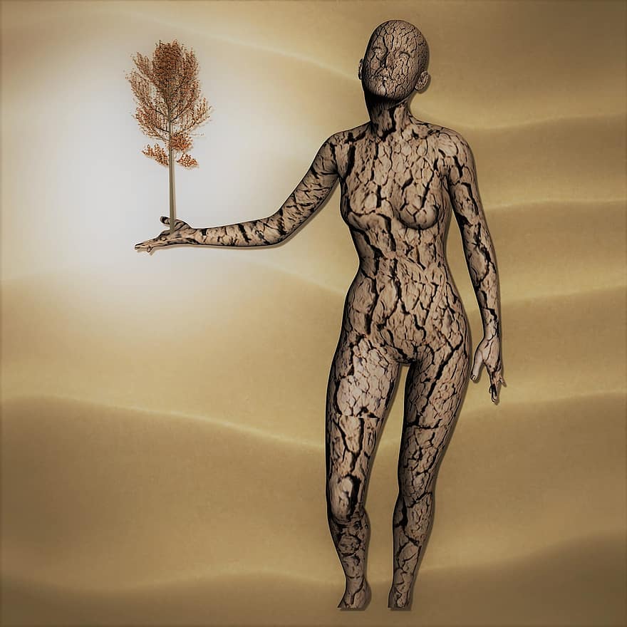 kobieta, pustynia, drzewo, obraz fantazji, drzewo bez myśli, tło, zdjęcie w tle, Fantazja, surrealistyczny, abstrakcyjny, nastrój