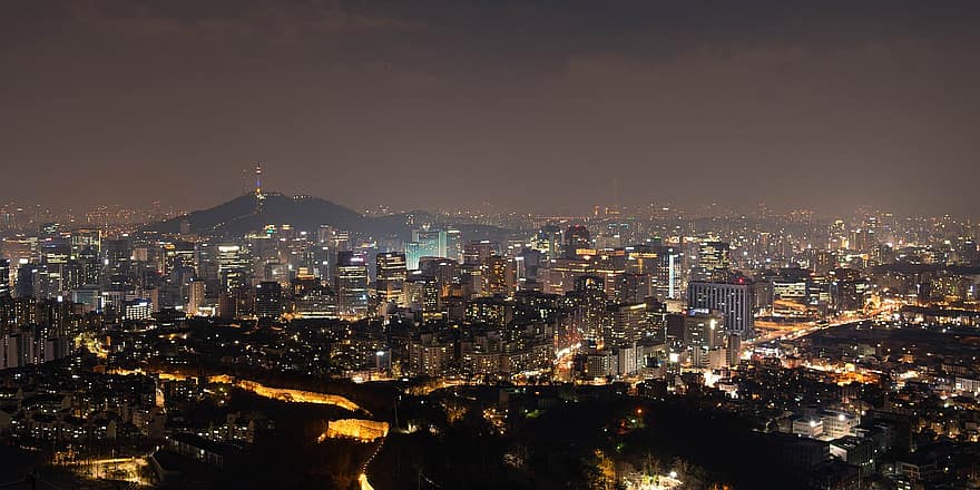 forgalom, városi, Szöul, Koreai Köztársaság, korea, gyeongbok palota, namsan torony, város, építészet, éjszakai kilátás, fény