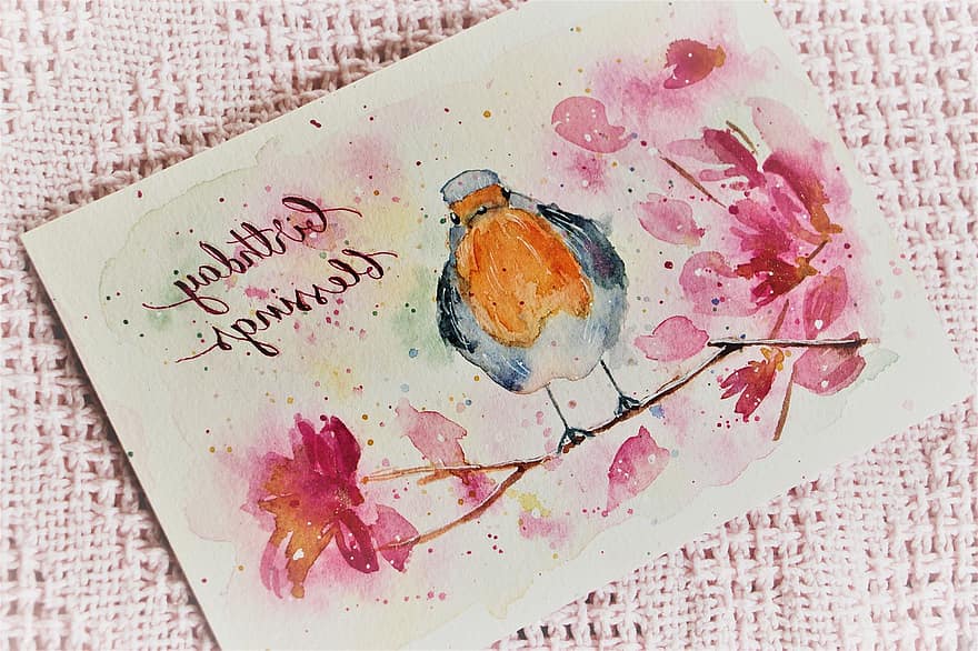 Bird, Floral, Design, Flowers, Watercolor, Birthday, Greeting, Blossom, Bloom, Pink, Decoration