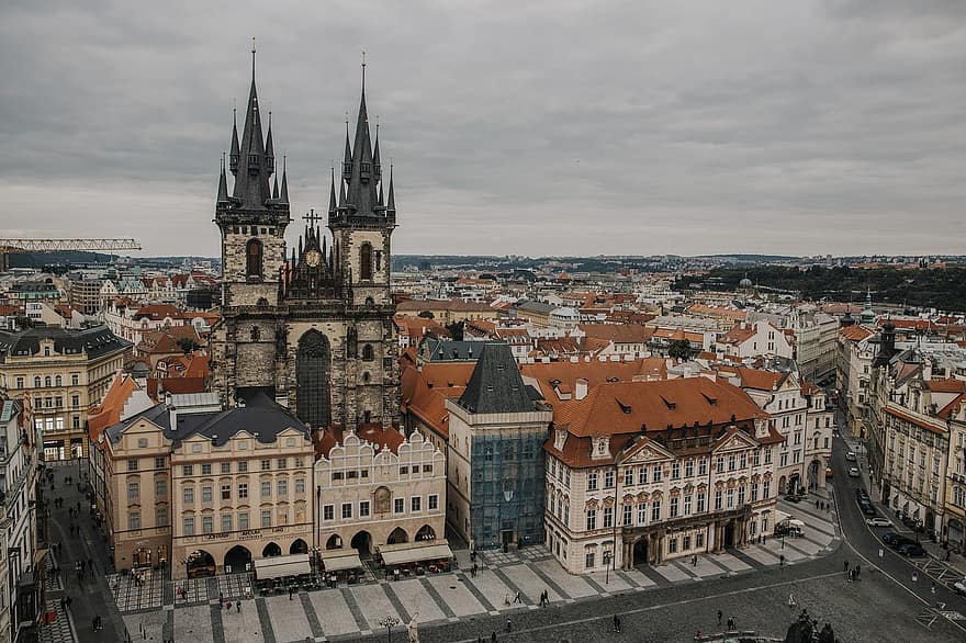 náměstí, staré čtvrti, Praha, střechy, Historická místa