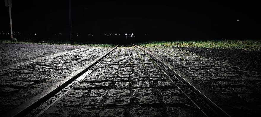 Cobblestones, Tracks, Road, Night, Train Tracks, Railway Tracks, Paving Stones, Ground, Away, Street, Paved
