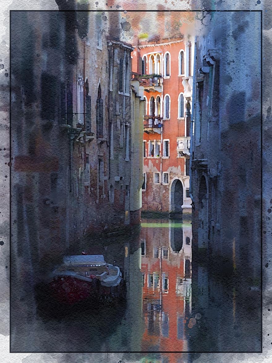 alej, loď, gondola, budov, malování, Benátky