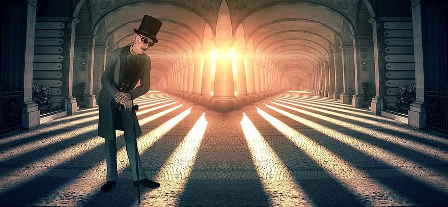 muž, cylindr, koridor, tunel, Válcový klobouk, symetrický, architektura, mystický, čepice, světlo, slunce
