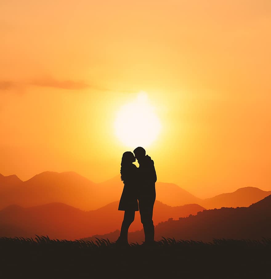 parella, amor, posta de sol, silueta, petó, paisatge, homes, dones, sol, estiu, sortida del sol