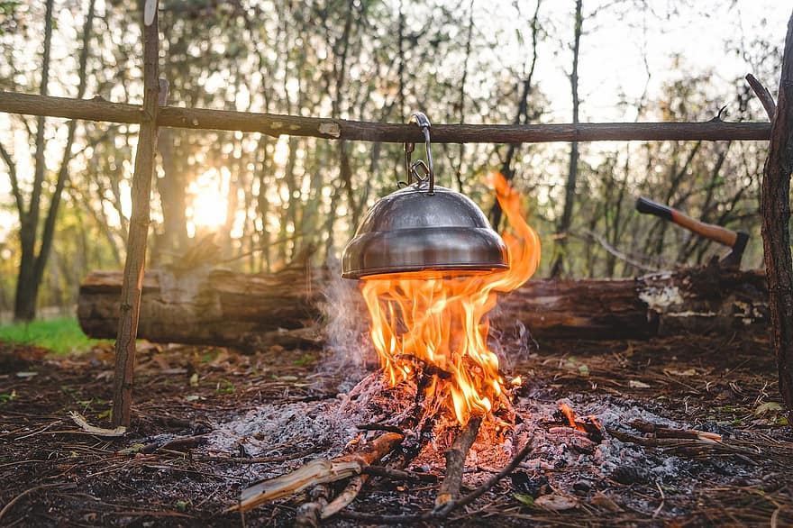 cocina, hoguera, madera, fuego, llama, quemar, acampar, leña, fumar, hogar, naturaleza