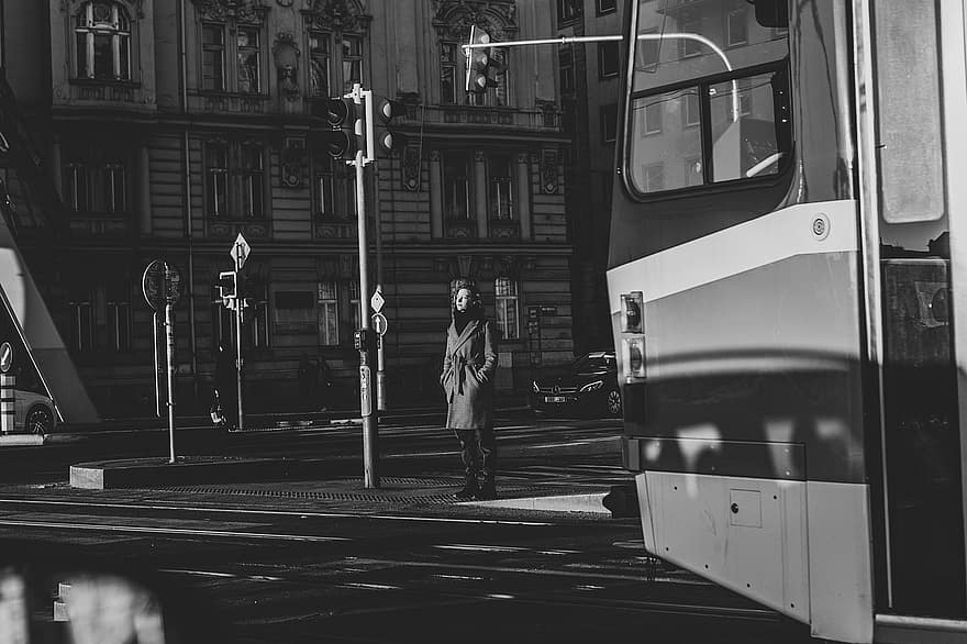 Train, Station, Woman, Black And White, Passenger, Waiting, Traffic Lights, Street, City, Urban