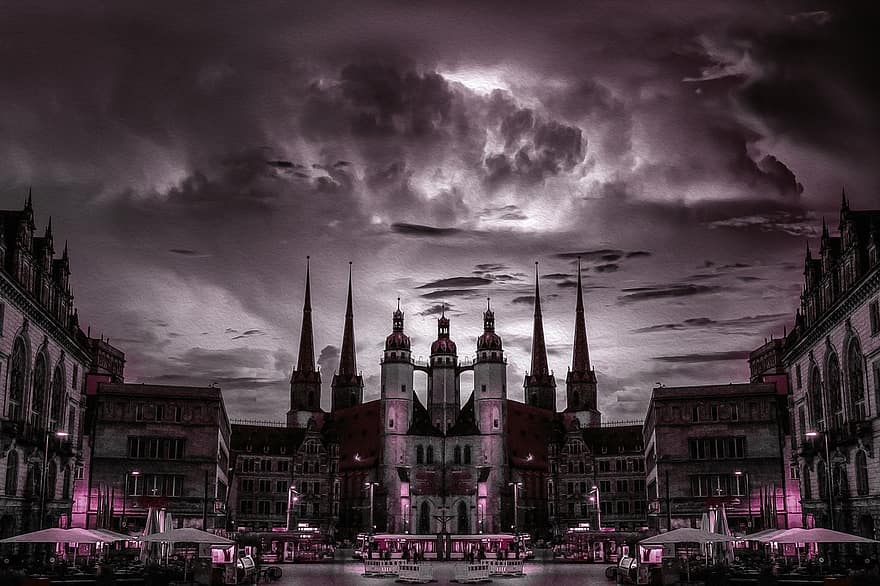 kale, Almanya, fırtınalı, gece, şehir meydanı, Gotik mimari, mimari, ünlü mekan, Hristiyanlık, akşam karanlığı, Cityscape