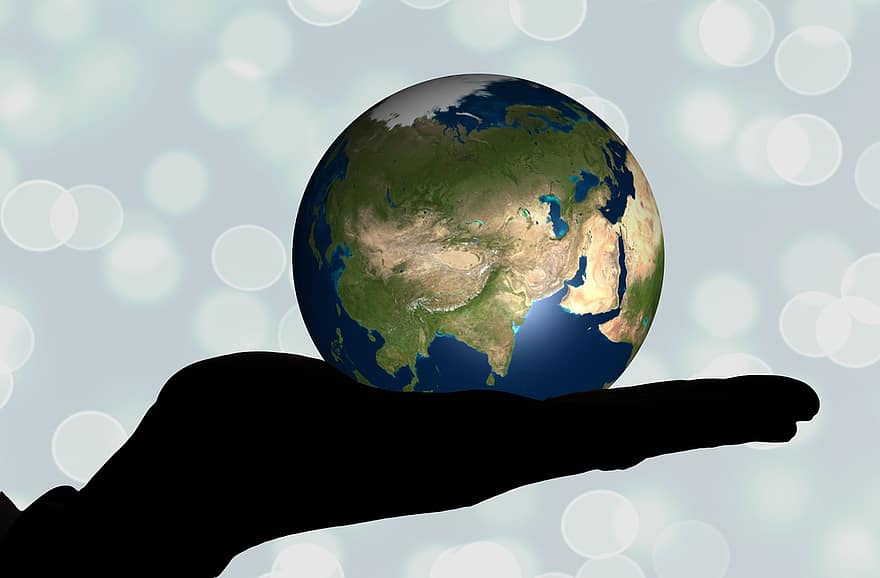 hånd, holde, globus, jorden, kontinenter, Europa, Asien, Afrika, bold, til stede, at vise