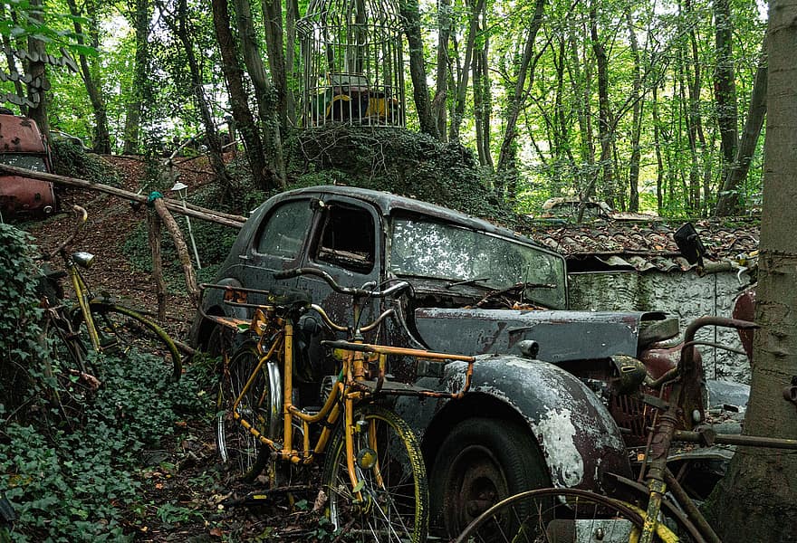 Изоставени автомобили, автомобили с боклуци, гора