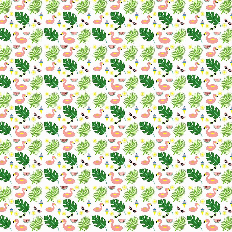 Patrón de hoja tropical, papel digital, Flotación de verano, flamencos, fondo, verde, primavera, verano, hojas, planta, modelo