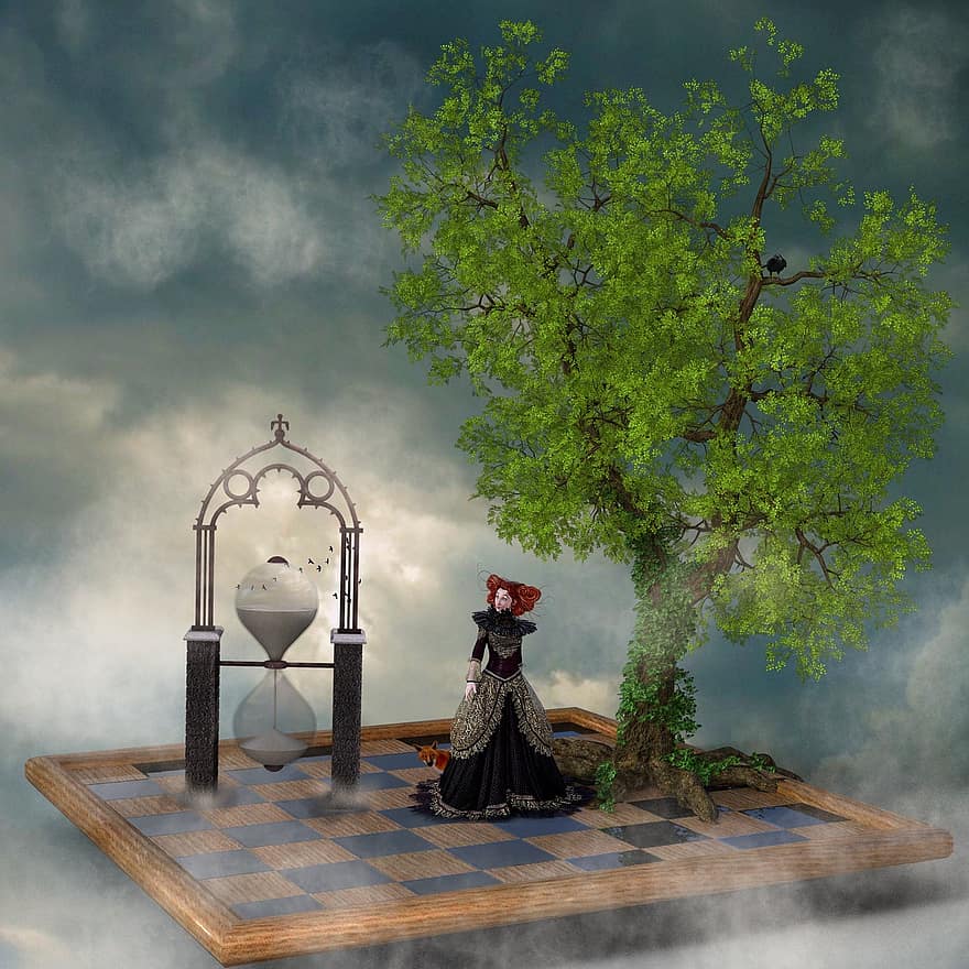Tree, Hourglass, Chess Board, Mood, Princess, Sky, Clouds, Play, Fuchs, Time, Float