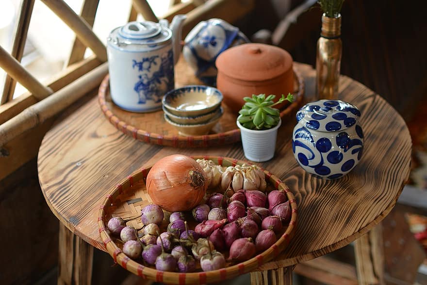 tembikar, Bawang, sayur-mayur, meja, bahan, dapur