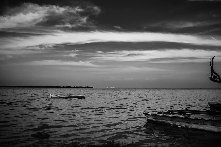 Lake, Boat, Monochrome, Outdoors, water, nautical vessel, summer, landscape, cloud, sky, sunset
