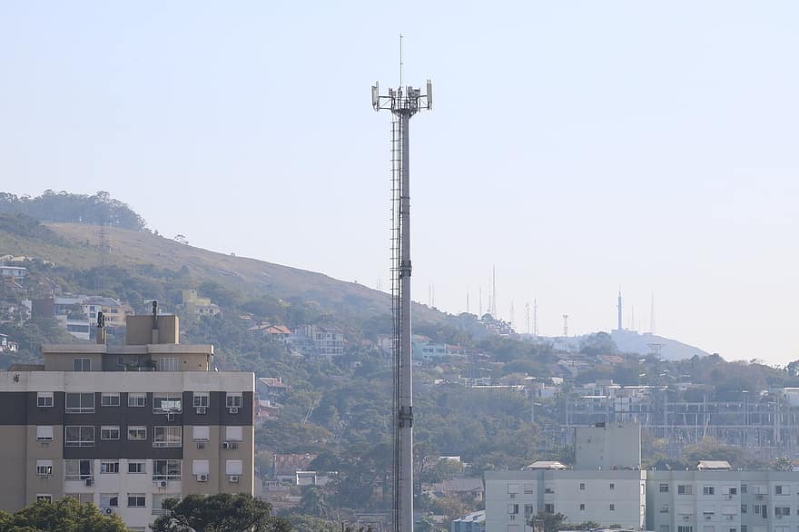 antena, torre, celular, comunicación, telecomunicaciones, alto, tecnología, transmisión, cielo, montañas, edificios