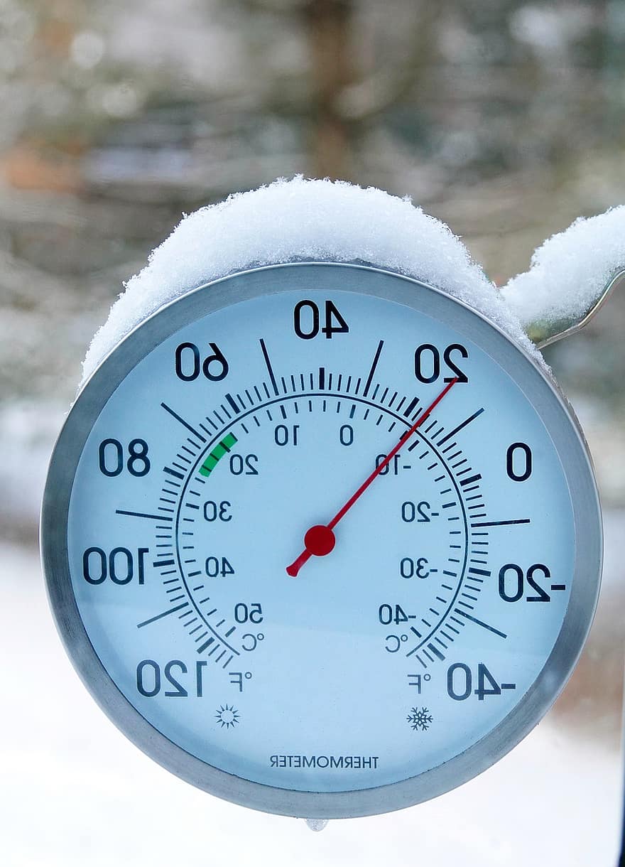 termometer, kald, snø, vinter, temperatur, utendørs, frost, nærbilde, is, årstid, tid