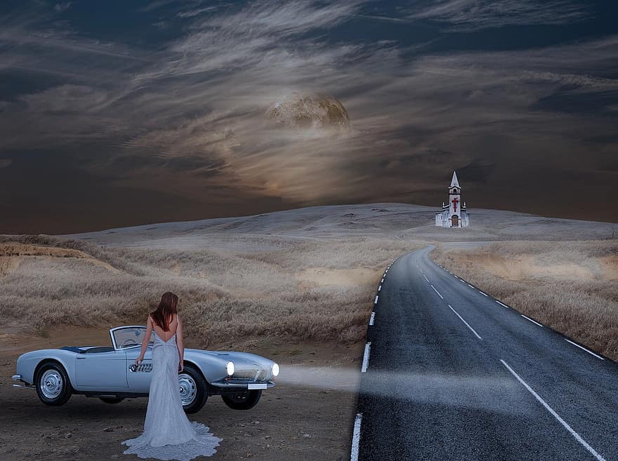 vestido de novia, Iglesia, novia, autopista, asfalto, BMW, cielo nocturno, nubes, coche deportivo, convertible, faros