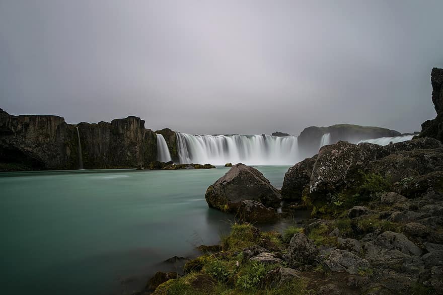 Wasserfall, Godafoss, góðafoss, Island, Natur, Landschaft, Wasser, Wasserfälle, dramatisch, Langzeitbelichtung, Steine