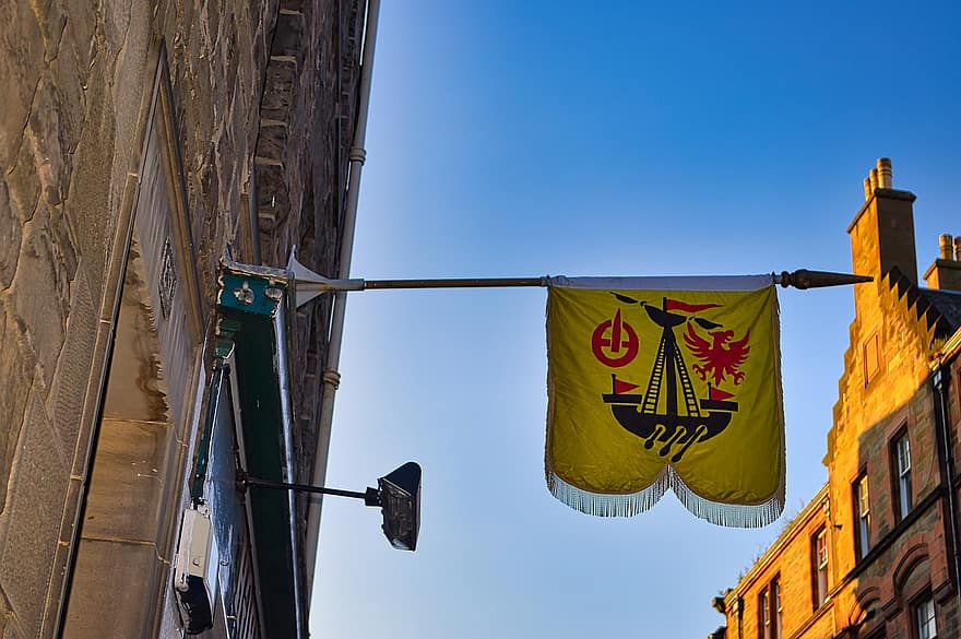 bandera, emblema, edifici antic, carrer, Escòcia, heràldica, insígnia