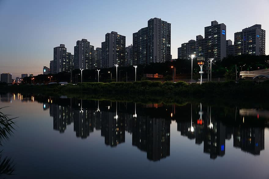 город, сеул, ночь, заход солнца, Южная Корея, отражение, небоскреб, смеркаться, городской пейзаж, архитектура, экстерьер здания