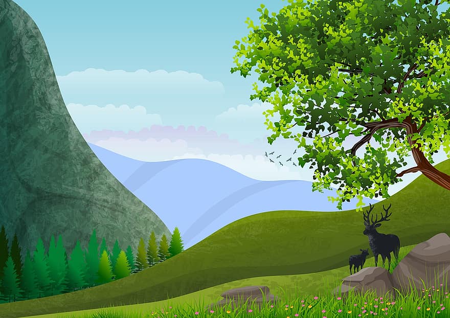illustrazione, paesaggio, sfondo, montagne, natura, colline, alberi, cielo, nuvole, blu, verde