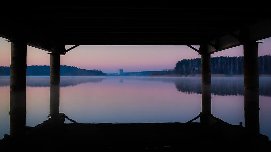 lago, puente, amanecer, columnas, agua, reflexión, niebla, naturaleza, oscuridad, puesta de sol, arquitectura