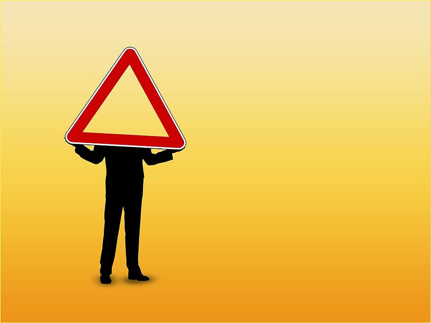 Man, Silhouette, Shield, Road Sign, Street Sign, Risk, Danger Signs, Headless, Trepidation, Questionability, Fear