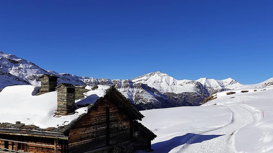 núi, mùa đông, tuyết, ngôi nhà trên núi, cabin, grisons, Nước đá, màu xanh da trời, đỉnh núi, phong cảnh, sương giá
