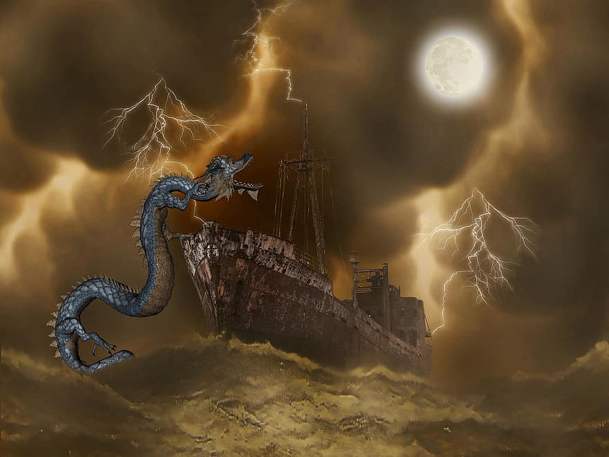 Fantasy, Sea Dragon, Sea, Ship, Storm, Sea Storm, Dragon, Moon, Lightning, Thunderstorm, Creature