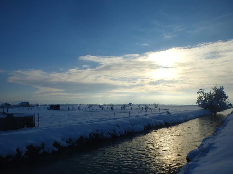 Canal, Field, Winter, Channel, Waterway, Water, Cold, Snowy, Snow, Sky, Clouds
