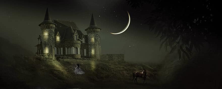 нощ, замък, кон, принцеса, сънища, измислица, тъмен, зловещ, религия, лунна светлина, архитектура