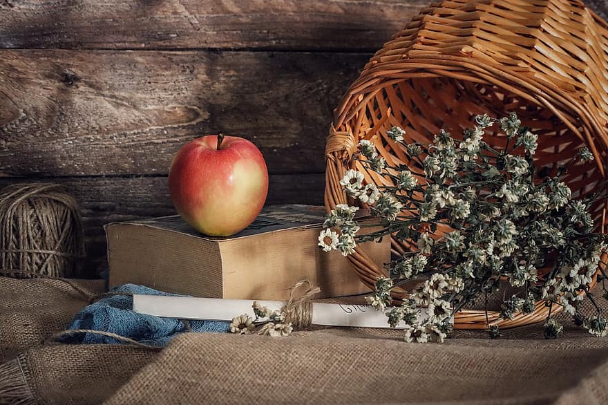 Apple, Dried Flowers, Still Life, Basket, Letter, Book, Fruit, Flowers, Reading, Rustic, Countryside