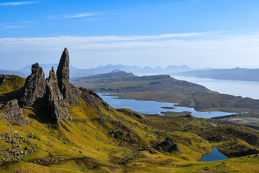 スカイ、ストー、スコットランド、自然、風景、山岳、崖、Portree、高地、山、夏