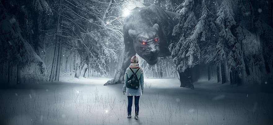fantasía, bosque, perro, monstruo, niña, nieve, invierno, místico, cuentos de hadas, paisaje, arboles