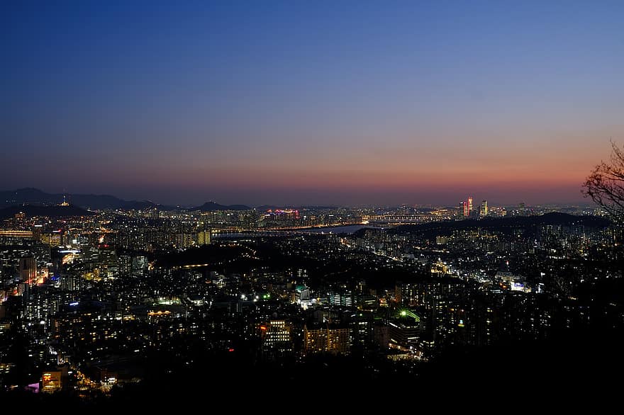 Seul, viziune nocturnă, oraș, clădire, urban, strălucire, noapte, amurg, peisaj urban, apus de soare, urban skyline