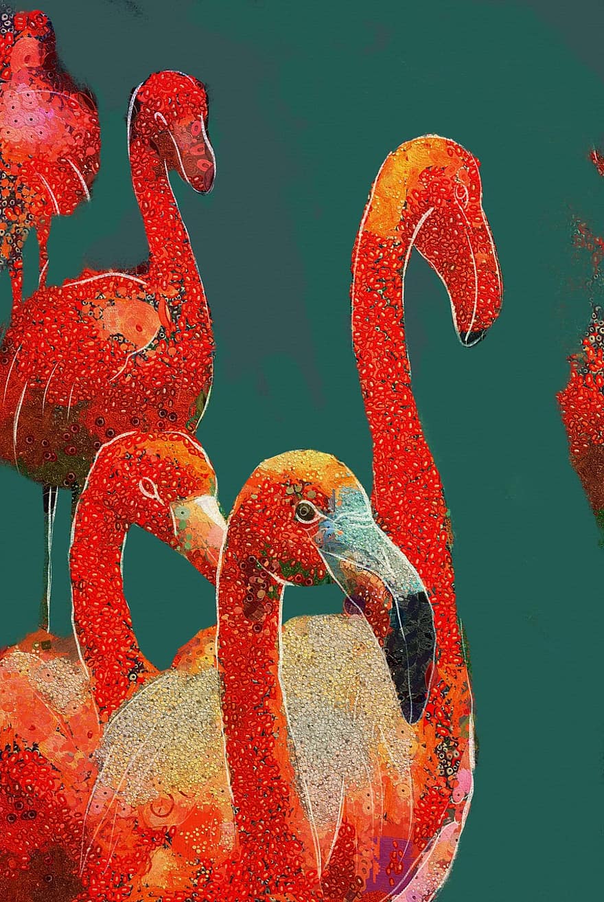 flamingo, păsări, animale, păsări bătătorite, păsări de apă, roșu flamingos, animale sălbatice, penaj, cioc, artă, pictura digitala