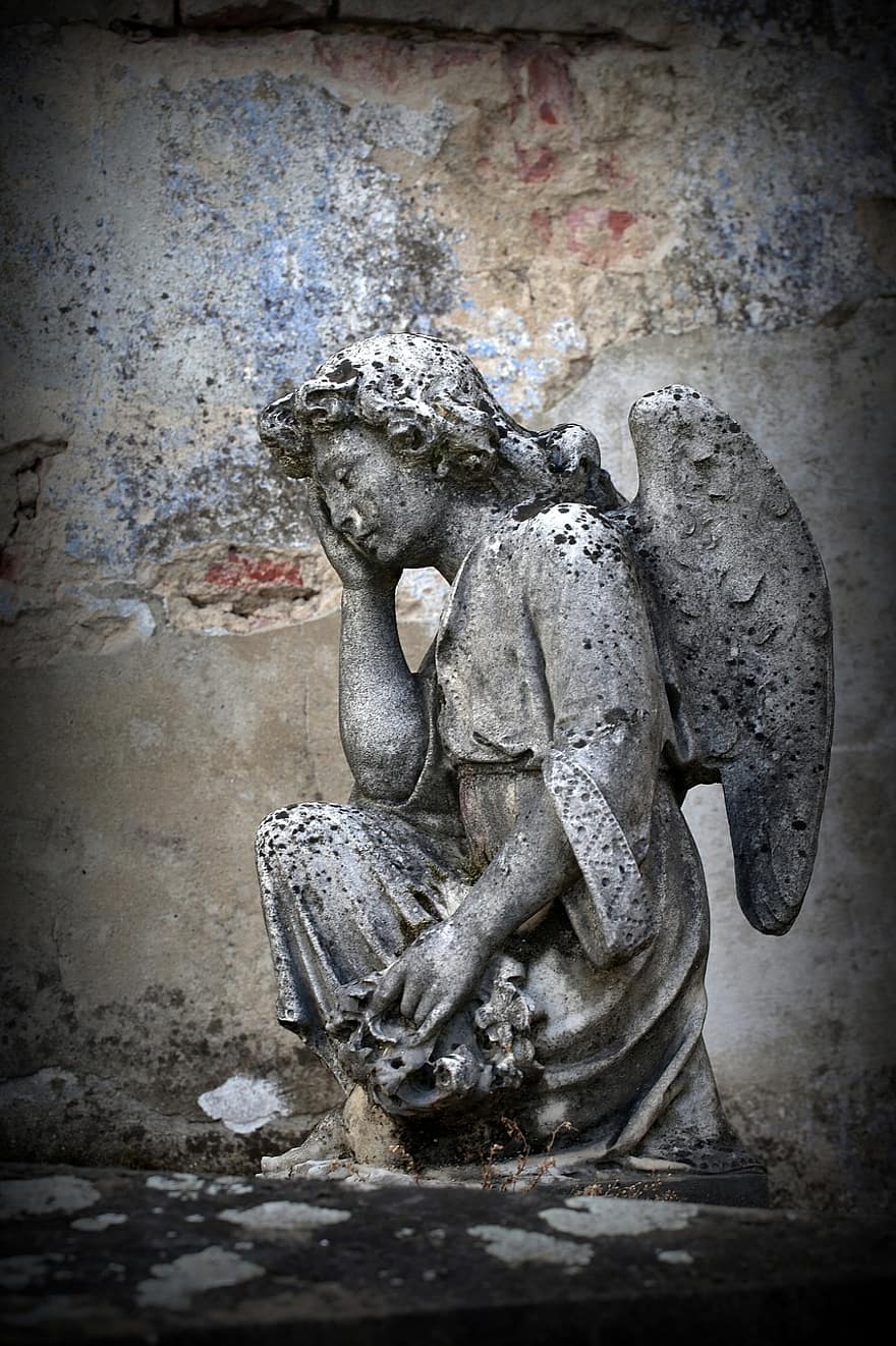 angyal szobor, síró angyal, vallás, kereszténység, szobor, régi, bánat, lelkiség, sírkő, építészet, sír