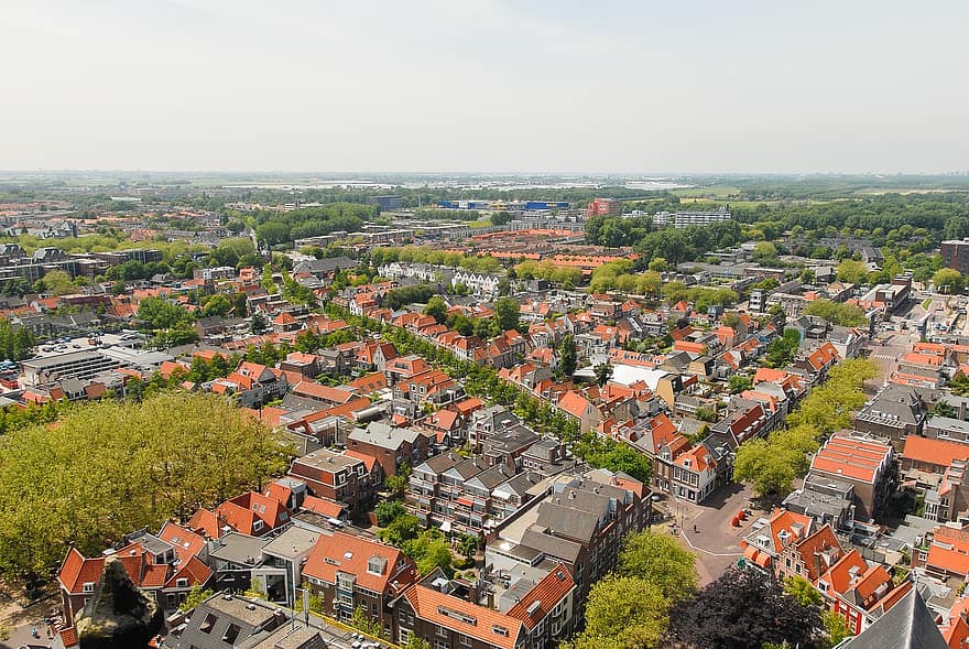 Nīderlande, pilsēta, ciemats, delfts, jumts, pilsētas ainava, gaisa skats, arhitektūra, ēkas ārpuse, augsts leņķa skats, slavenā vieta